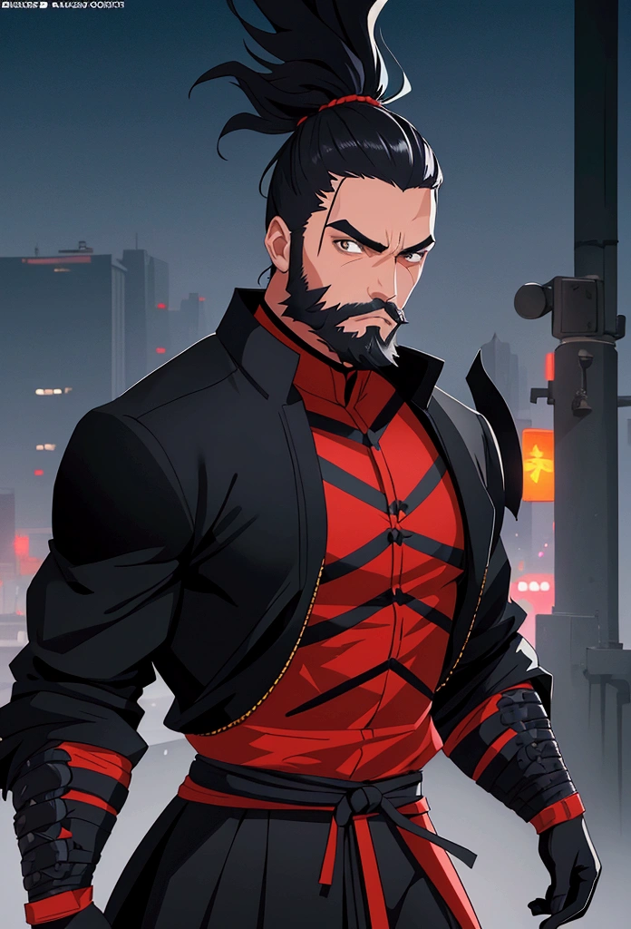 a handsome young man with beard and ninja-style hair, urban fashion clothing, magazine cover, manwa style, cinematic lighting, vibrant colors, highly detailed, 8k, photorealistic, dramatic pose, moody atmosphere