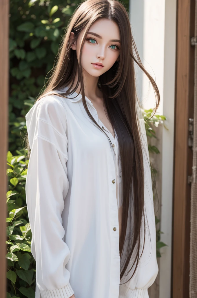 Create model, 21 years old, white, green eyes, with long hair