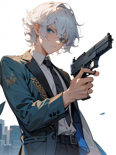 1male, white hair, androgynous, curly hair, bright blue eyes, casual clothing, white button-up, holding a gun, city setting, serious expression, detailed, hand on gun, handgun, black gun, detailed gun