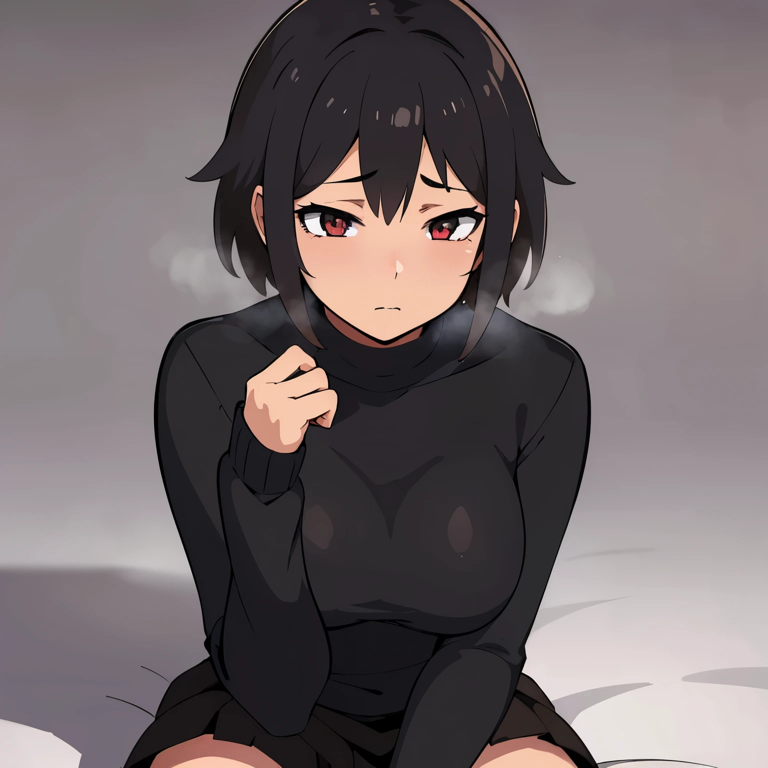 Superior quality, Masterpiece, ultra high resolution,NSFW anime illustration of a girl with short brown hair and eyes, she has a tired look, her hair is messy, she wears a black sweater with a very tight skirt and wears a mask. 