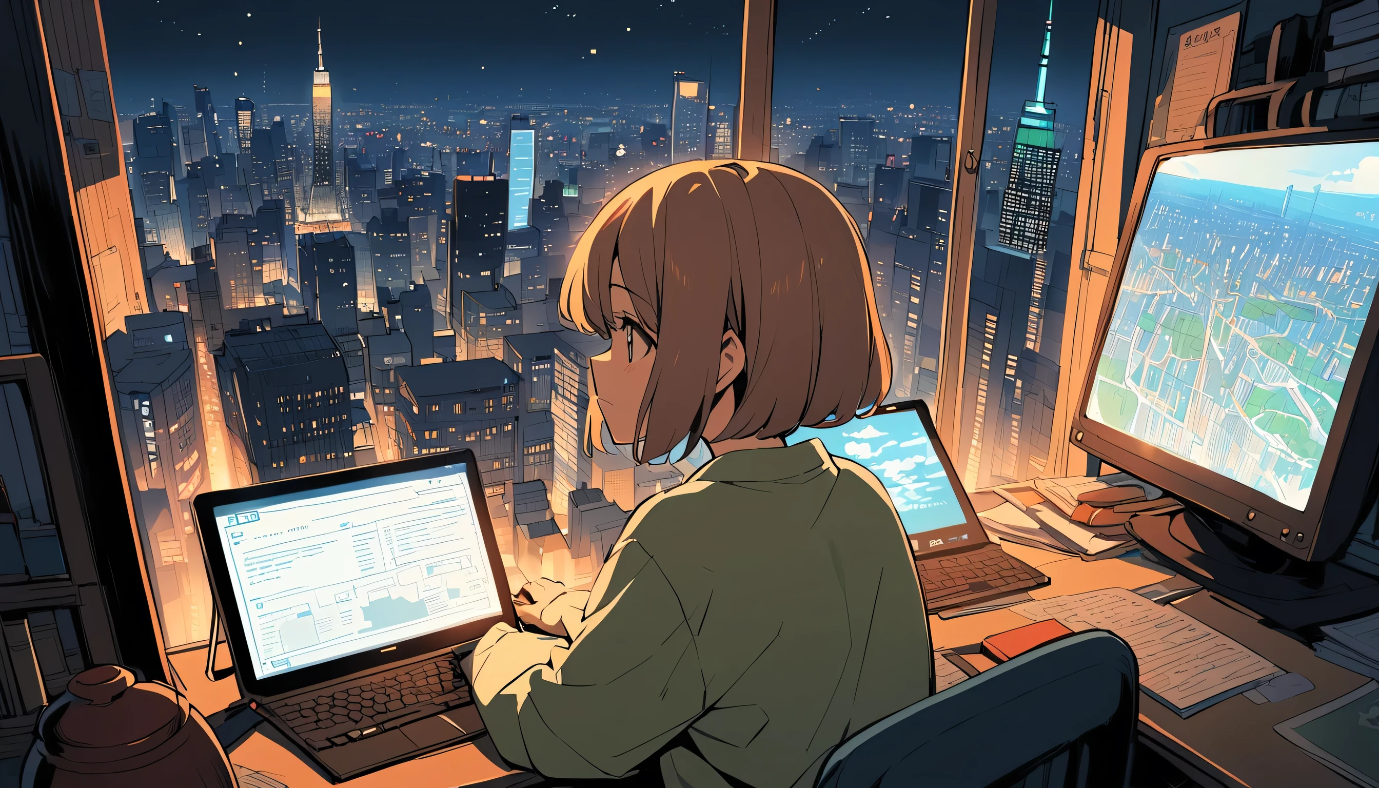 An 18-year-old short-haired girl studying while looking at the night view of New York in Ghibli style.
