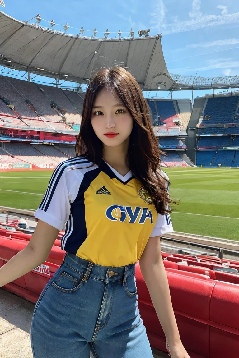 wearing a soccer jersey, denim pants, and heading to watch a soccer match, highly detailed, photorealistic, stadium in the background, vibrant colors