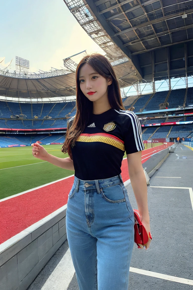 wearing a soccer jersey, denim pants, and heading to watch a soccer match, highly detailed, photorealistic, stadium in the background, vibrant colors