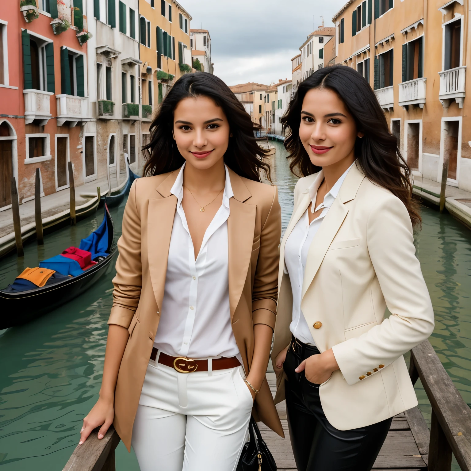 ((best quality)), ((masterpiece)), (detailed), Two stylish young latin women stand back-to-back in front of a scenic canal, likely in Venice, given the traditional gondolas and iconic architecture visible in the background. The woman on the left wears a fitted Gucci jacket with leather accents and a belt, paired with white pants. Her dark, wavy hair cascades over her shoulders, and she exudes a confident, poised expression. The woman on the right is dressed in a chic tan blazer with gold buttons, also paired with white pants. Her dark, wavy short hair,  frames her face as she smiles softly. The background features wooden posts rising from the water, adding to the authentic Venetian atmosphere under a cloudy sky, 
