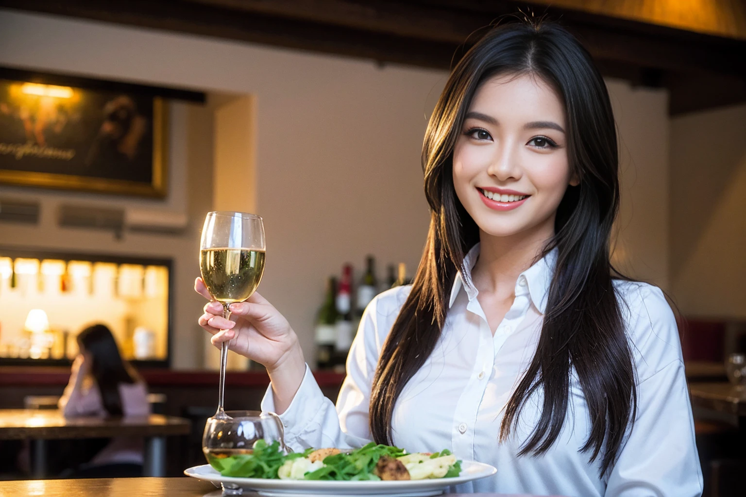 ((Highest quality、8K、masterpiece:1.3))、cute、slimカップル、modelカップル、actress男優、(Realistic, Intricate details:1.2), full-course dinner、Wine Party、Amazing view of the sunset sky and clouds、A bright smile、short hair,Bright Face、 (Age 45), 42 years old, red wine 、Appetizers、Italian food、Wine bottle、Champagne、sparkling wine、Two beauties、Brown Hair、Shortcuts、Long sleeve shirt、dress、Beautiful woman 1, (slimな顔), (The body is slim), (Brown Hair), (Shortcuts), cheeks turn a little red,Attractive beauty、restaurant, In a prominent place (From the waist up) Nova Frog Style, actress, model, Upper Body, White wine, slim, wine glass, 中央に置かれたwine glass, smile, (smile: 1.15), Beautiful fine grain, Depth f/2,saturation, High Contrast, Strong light and shadow,Moist Body:1.5、3D texture、Delicate eyes、Brown Hair、The hair is very shiny、