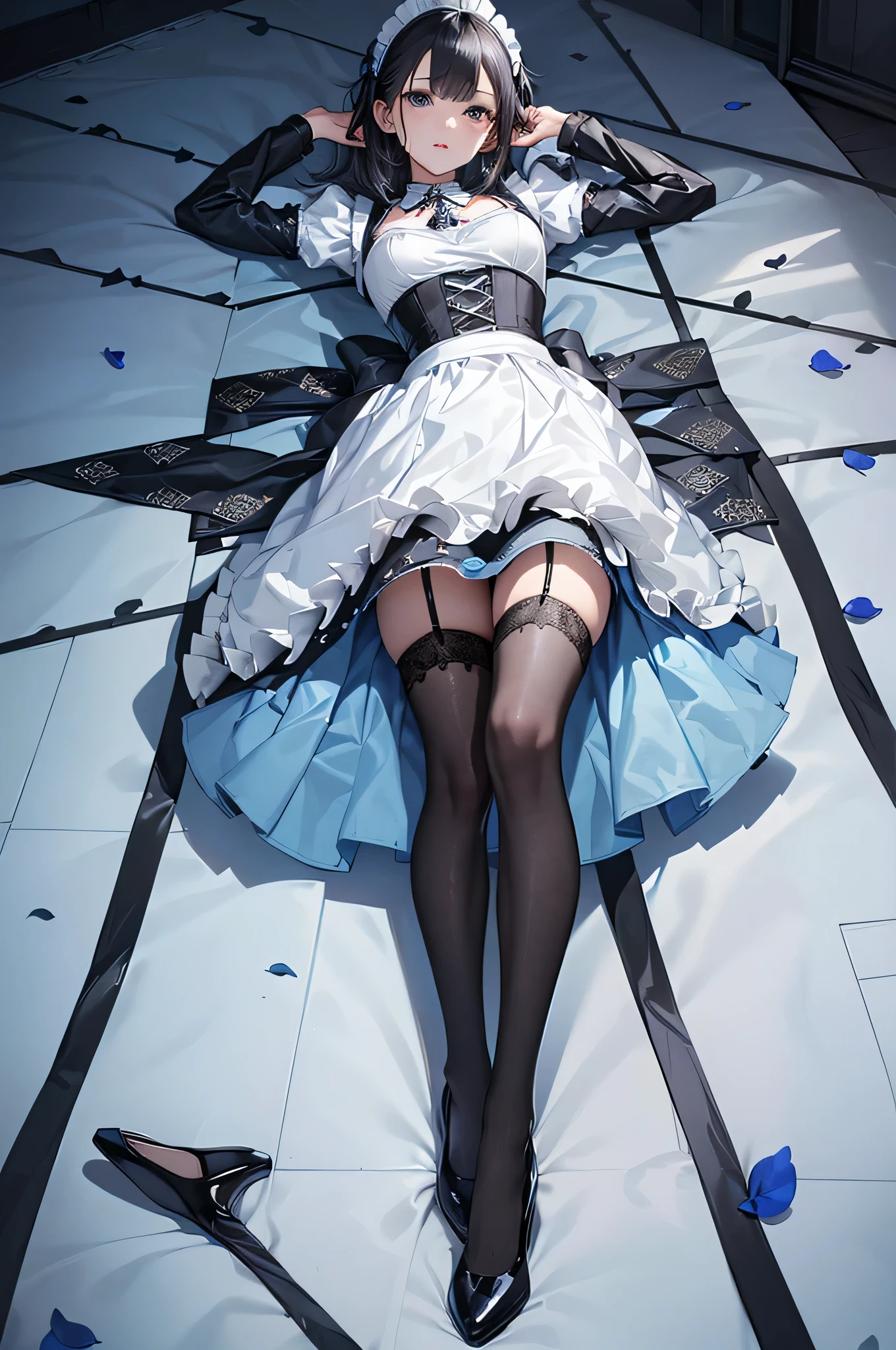 ((Biologically correct limb count)),(( From head to toe,Full-body photo including face)),4K,((Standing position)),masterpiece,((Focus on the face)),((Symmetrical facial features)),Eyes with detailed description,Beautiful woman,Great style,Beautiful arms,Beautiful legs,Beautiful Hands,(Small Ass,Thin thighs),Facial detailing,Small earrings,necklace,(Light blue enamel maid outfit、mini skirt((Black high heels,Black patterned stockings))),Realistic photo,Lying on the linoleum floor,Low angle photo,A little panchira,Rose petals are scattered all around、