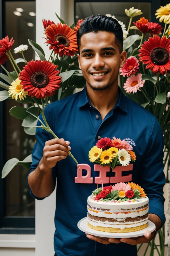 An image of Natanael Cano holding a birthday cake and gerberas