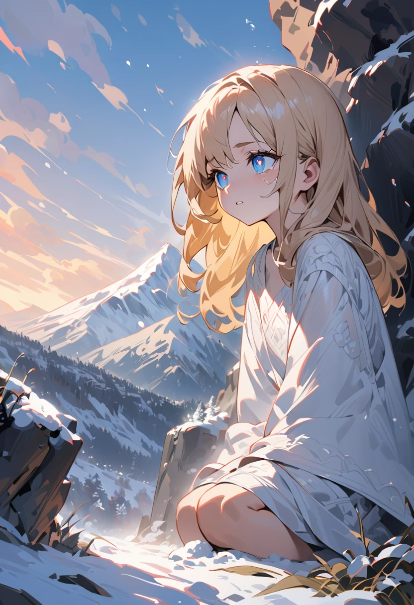 A cliff face of a snowy mountain, with a big blizzard, a girl, looking 13 or 14 years old, with long blonde hair, dressed in a long white saree, kneeling on the ground looking into the distance and crying and weeping bitterly, with blue pupils and a pale face, a very pitiful and beautiful picture, a masterpiece, cinematically lit, masterly, impasto
