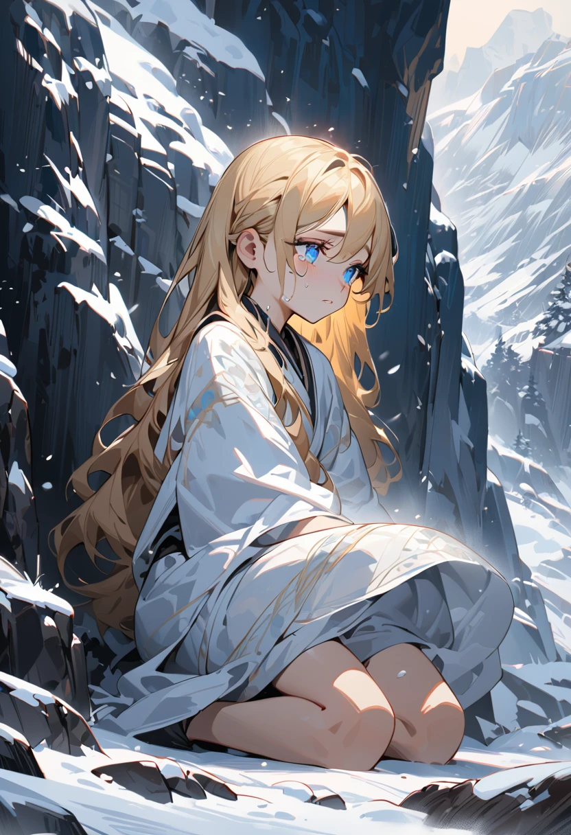 A cliff face of a snowy mountain, with a big blizzard, a girl, looking 13 or 14 years old, with long blonde hair, dressed in a long white saree, kneeling on the ground looking into the distance and crying and weeping bitterly, with blue pupils and a pale face, a very pitiful and beautiful picture, a masterpiece, cinematically lit, masterly, impasto