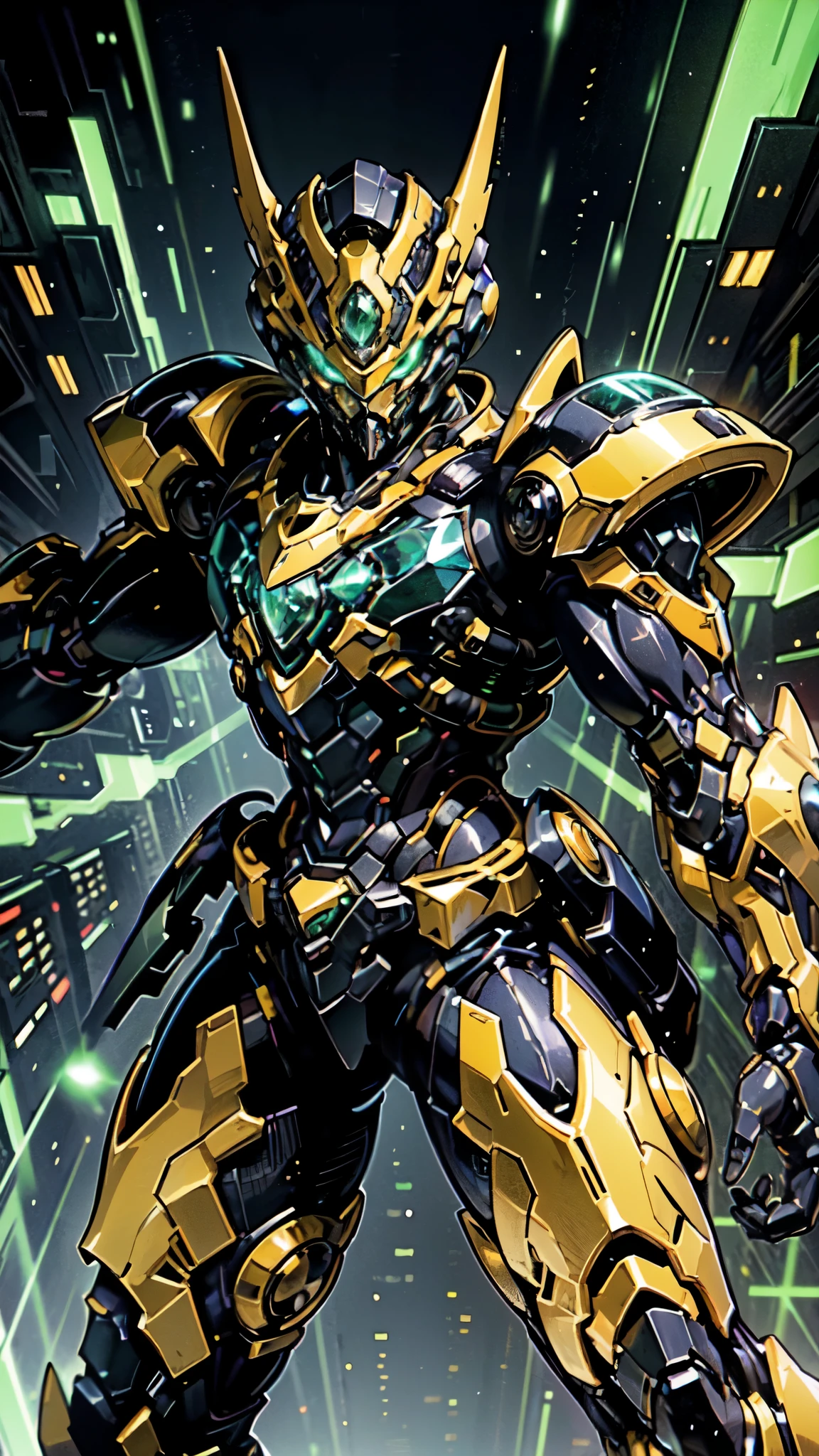 (masterpiece:1.5, best quality:1.5, extremely delicate:1.5, foreshortening:1.5, dynamic angle:1.5), a man wearing a full-face helmet, a fantasy-style biotech armored combat suit, green eyes, (a composite layered chest armor), fully enclosed shoulder guards, matching arm and leg guards, the belt is adorned with neon circuitry, (the color scheme is primarily black glow with green and red accents), the design balances heavy with agility, a high-tech bio-mecha armor, (Armor Concept Inspired by neon Cyberpunk, stand on the top of a skyscraper in a futuristic sci-fi city), this character embodies a finely crafted fantasy-surreal style armored hero in anime style, exquisite and mature manga art style, (element, plasma, energy, the armor glows), ((male:1.5)), metallic, high definition, highres, ultra-detailed, ultra-fine painting, professional, perfect body proportions, golden ratio, anatomically correct, symmetrical face, extremely detailed eyes and face, high quality eyes, creativity, RAW photo, UHD, 32k, Natural light, cinematic lighting, masterpiece-anatomy-perfect