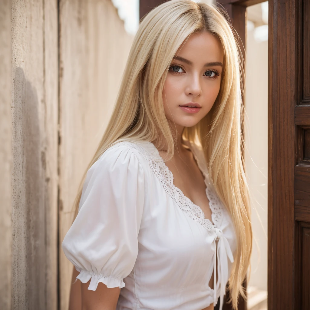 ((best quality 8k)), ((work of art)), (detailded), 1 girl, beautiful white blouse, blonde girl, powerful, rica, sorisso, em frente a uma porta