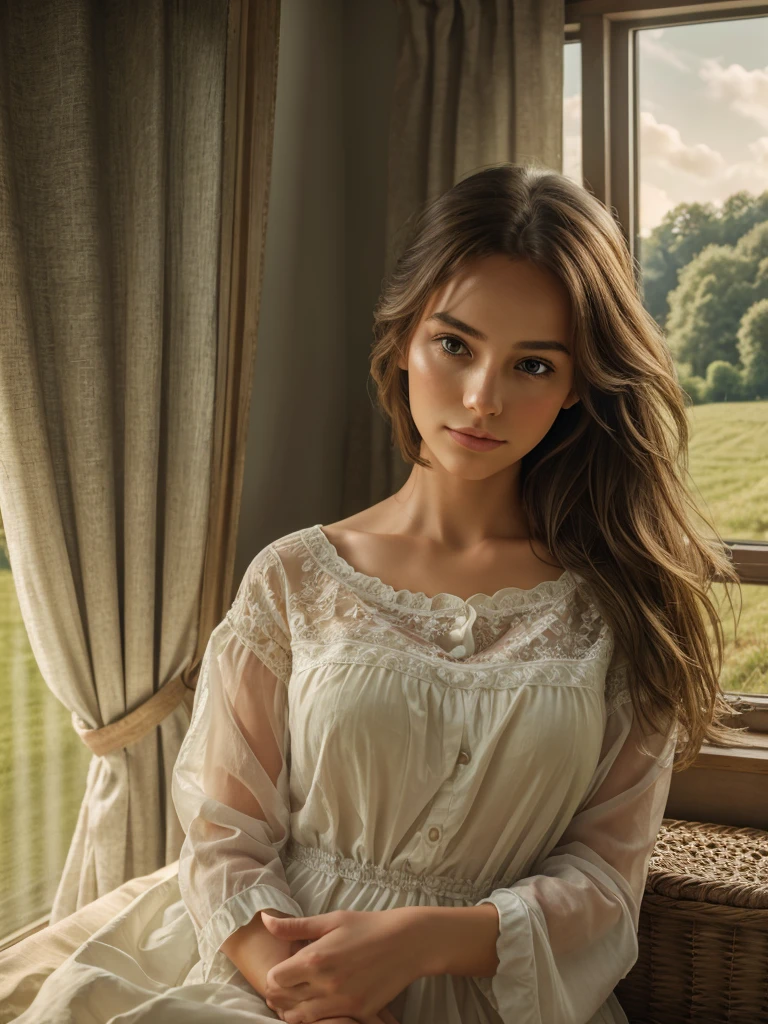 A beautiful woman in a serene countryside cottage, sunlight filtering through sheer curtains, peaceful expression as she wakes up to the melody of birds, 1 girl, realistic, highly detailed, photorealistic, 8k, masterpiece, elegant, soft lighting, warm colors, countryside landscape, nature, tranquil, idyllic