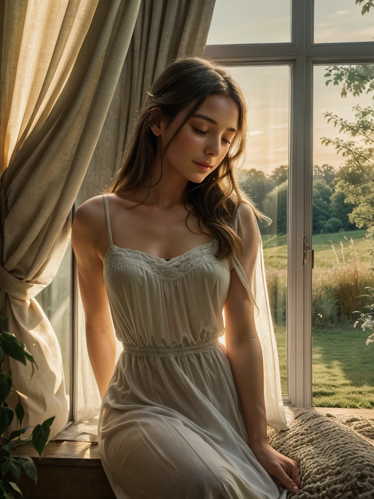 A beautiful woman in a serene countryside cottage, sunlight filtering through sheer curtains, peaceful expression as she wakes up to the melody of birds, 1 girl, realistic, highly detailed, photorealistic, 8k, masterpiece, elegant, soft lighting, warm colors, countryside landscape, nature, tranquil, idyllic