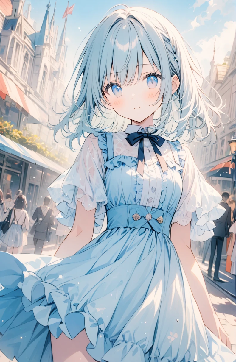 ((pale colour)),35mm, debt/1.2, 超High resolution, Attention to detail, Highest quality, High resolution, masterpiece、Memories at the amusement park、date、Dressed up girl、cute、Amusement park on a sunny day、Light Generation、Gentle colors
