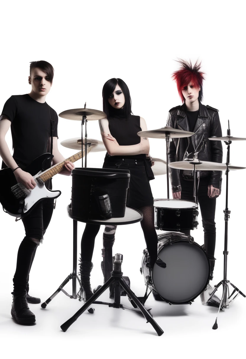 photo of a emo band in black clothing, female vocalist with microphone, a drummer with drum set, a bassist, a guitarist, performing, music video shooting, with a white background
