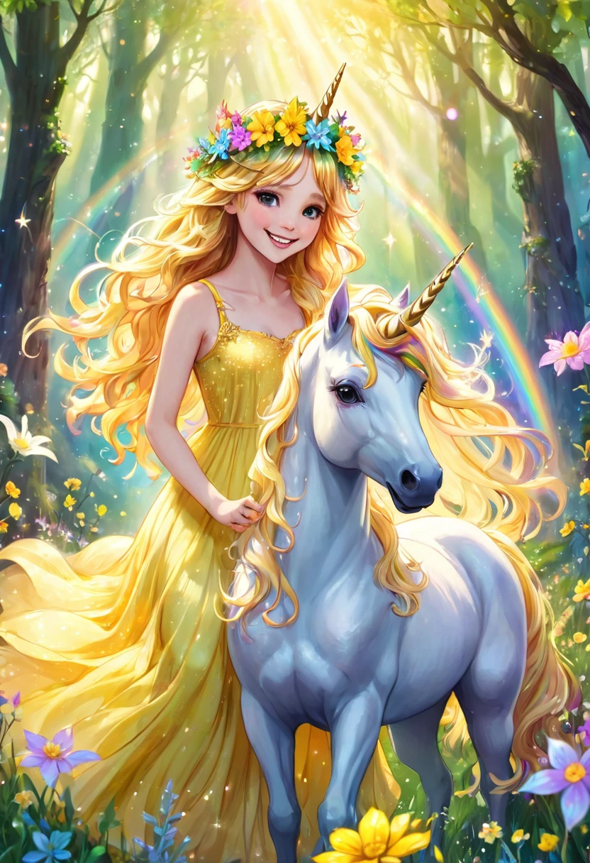 A beautiful fairy playing with a unicorn in the forest, she is wearing a beautiful flower crown, yellow flowers, smiling, happy, delicate particles of light, pastel colored dress, surrounded by rainbow light, fine grains of light, the fairy's long wavy hair waving in the wind, mysterious world
