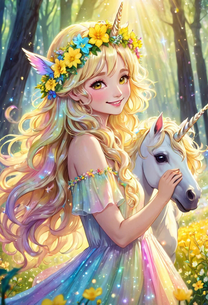 A beautiful fairy playing with a unicorn in the forest, she is wearing a beautiful flower crown, yellow flowers, smiling, happy, delicate particles of light, pastel colored dress, surrounded by rainbow light, fine grains of light, the fairy's long wavy hair waving in the wind, mysterious world