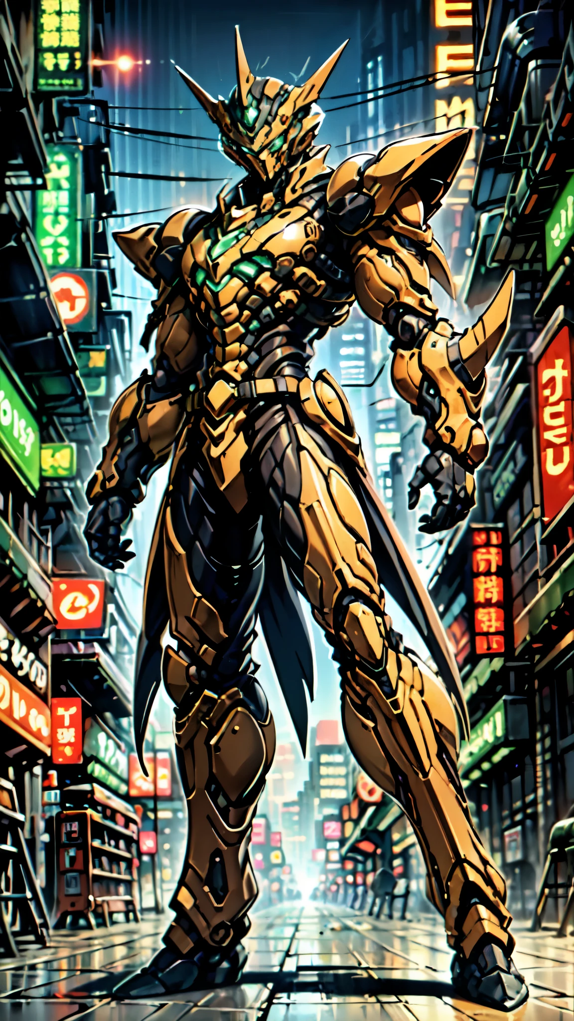 (masterpiece:1.5, best quality:1.5, extremely delicate:1.5, foreshortening:1.5, dynamic angle:1.5), a man wearing a full-face helmet, a fantasy-style biotech armored combat suit, green eyes, (a composite layered chest armor), fully enclosed shoulder guards, matching arm and leg guards, the belt is adorned with neon circuitry, (the color scheme is primarily black glow with green and red accents), the design balances heavy with agility, a high-tech bio-mecha armor, (Armor Concept Inspired by neon Cyberpunk, stand on the top of a skyscraper in a futuristic sci-fi city), this character embodies a finely crafted fantasy-surreal style armored hero in anime style, exquisite and mature manga art style, (element, plasma, energy, the armor glows), ((male:1.5)), metallic, high definition, highres, ultra-detailed, ultra-fine painting, professional, perfect body proportions, golden ratio, anatomically correct, symmetrical face, extremely detailed eyes and face, high quality eyes, creativity, RAW photo, UHD, 32k, Natural light, cinematic lighting, masterpiece-anatomy-perfect