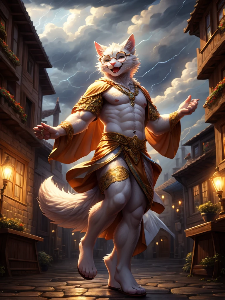Anthro, white fluffy cat, full body, male, adult, hand paws, long fluffy tail, light robe, long dancing skitt, flip flop, fancy dancer clothing, crop top, ornate clothing, blue circular eyewear, abdomen on display, serious look, warm happy expression, hairy body, 8K, dynamic lighting, ultra detailed, masterpiece, street of a medieval town, stormy weather outside