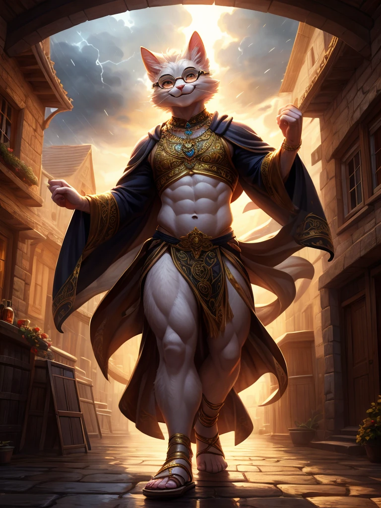 Anthro, white fluffy cat, full body, male, adult, hand paws, long fluffy tail, light robe, long dancing skitt, flip flop, fancy dancer clothing, crop top, ornate clothing, blue circular eyewear, abdomen on display, serious look, warm happy expression, hairy body, 8K, dynamic lighting, ultra detailed, masterpiece, street of a medieval town, stormy weather outside
