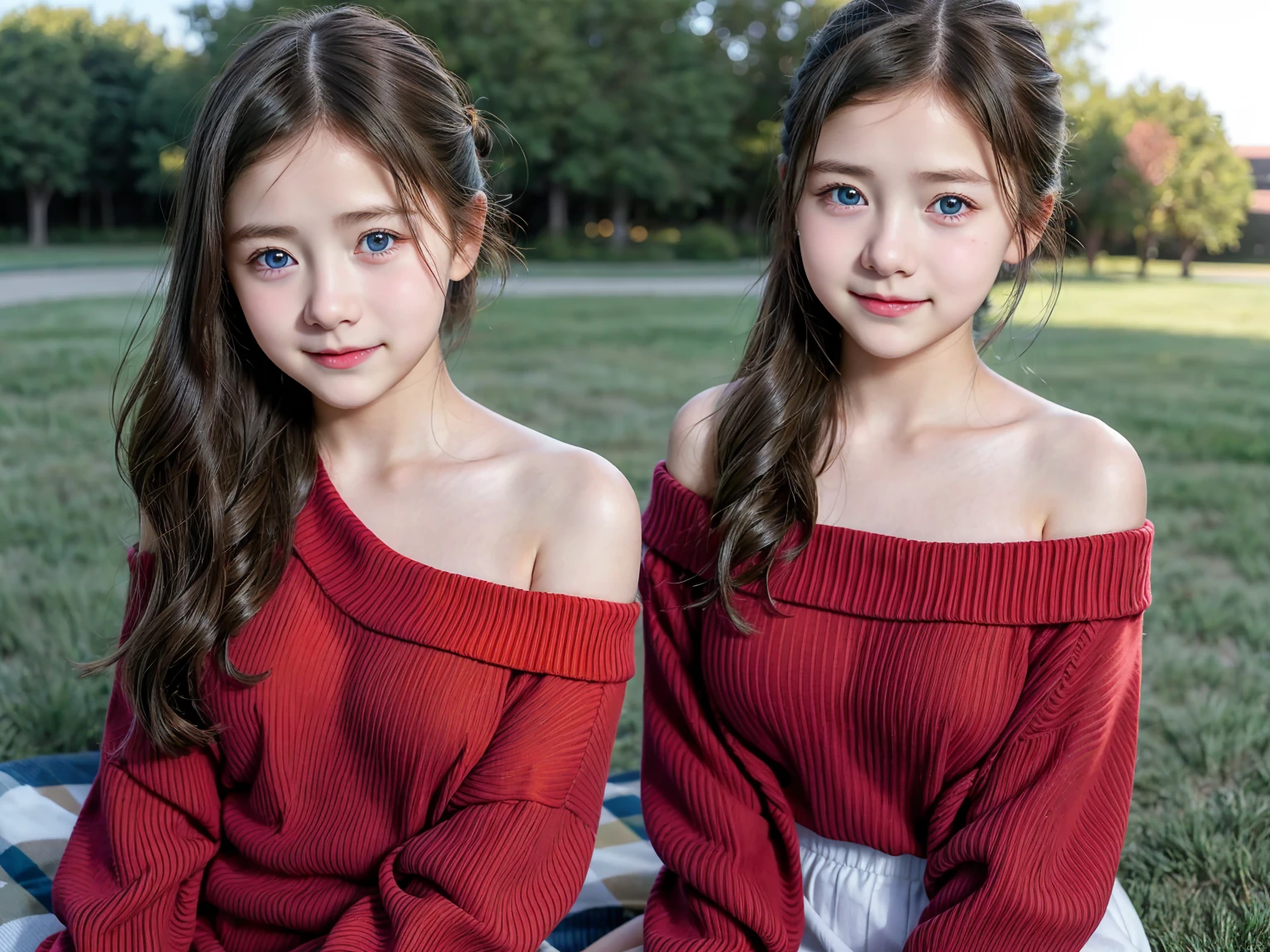 (3 girls), youthful faceอินโดนีเซีย, ,ssmile, Caucasian skin, round chest, blue colored eyes,((Wear an off-shoulder red sweater that reveals your chest.))work of art, highest quallity, 8K, beautiful girl, youthful face、 fot, cute face, thighhigh,at the field, embarrassing、รอยssmile、((((((อายุ 12 year oldl waist、 ((busty breasts))