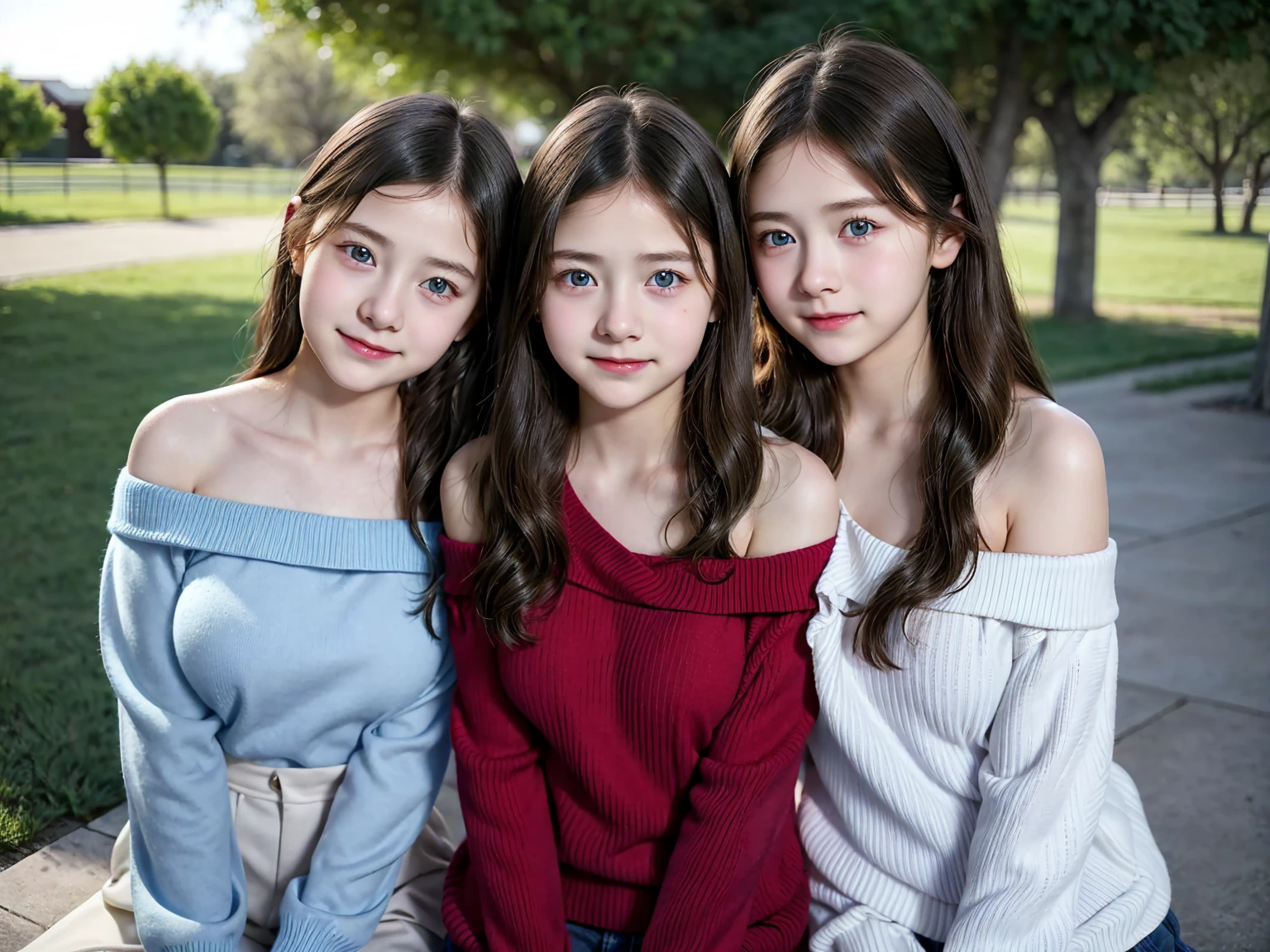 (3 girls), youthful faceอินโดนีเซีย, ,ssmile, Caucasian skin, round chest, blue colored eyes,((Wear an off-shoulder red sweater that reveals your chest.))work of art, highest quallity, 8K, beautiful girl, youthful face、 fot, cute face, thighhigh,at the field, embarrassing、รอยssmile、((((((อายุ 12 year oldl waist、 ((busty breasts))