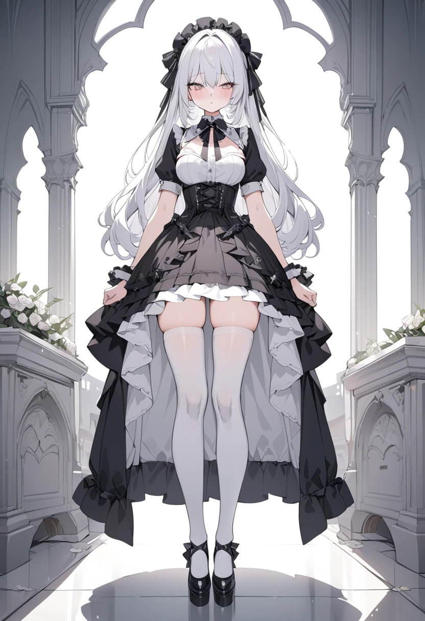 Masterpiece, absurdness, high detailed, white hair, gothic lolita, full body, standing, white thighhighs,