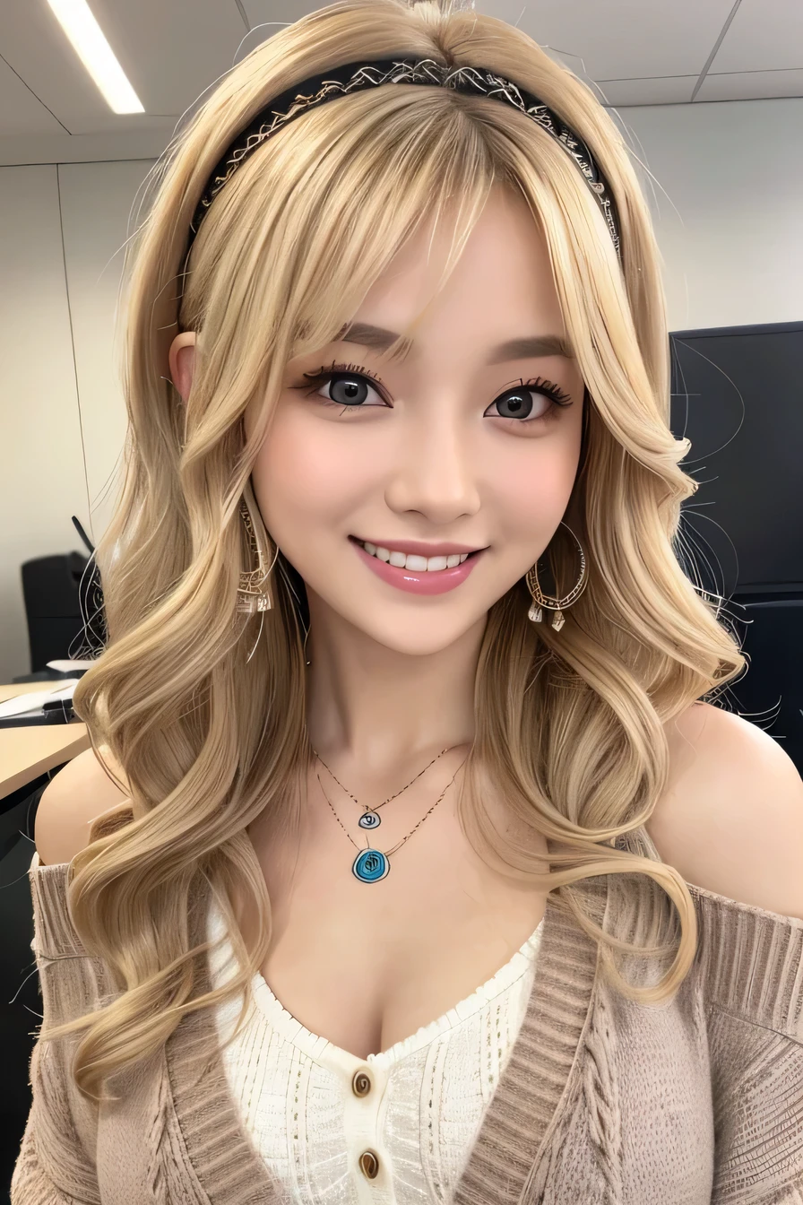 Ugly woman、blonde、hairstyle semi long、Wavy Hair、、ear piercing、Necklace around the neck、Put a cardigan over your shoulders、Off the shoulder、blouse、Accentuate your breasts、smile、Beautiful teeth alignment、Intricate details, Very detailed:1.2), 、hair band、 Looking into the camera、The background is the office