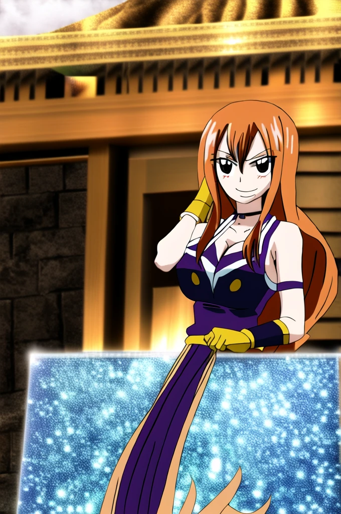 One girl, fairy tail, anime art style, 1girl, solo, smile, very long_hair, gloves, closed_eyes, orange_hair