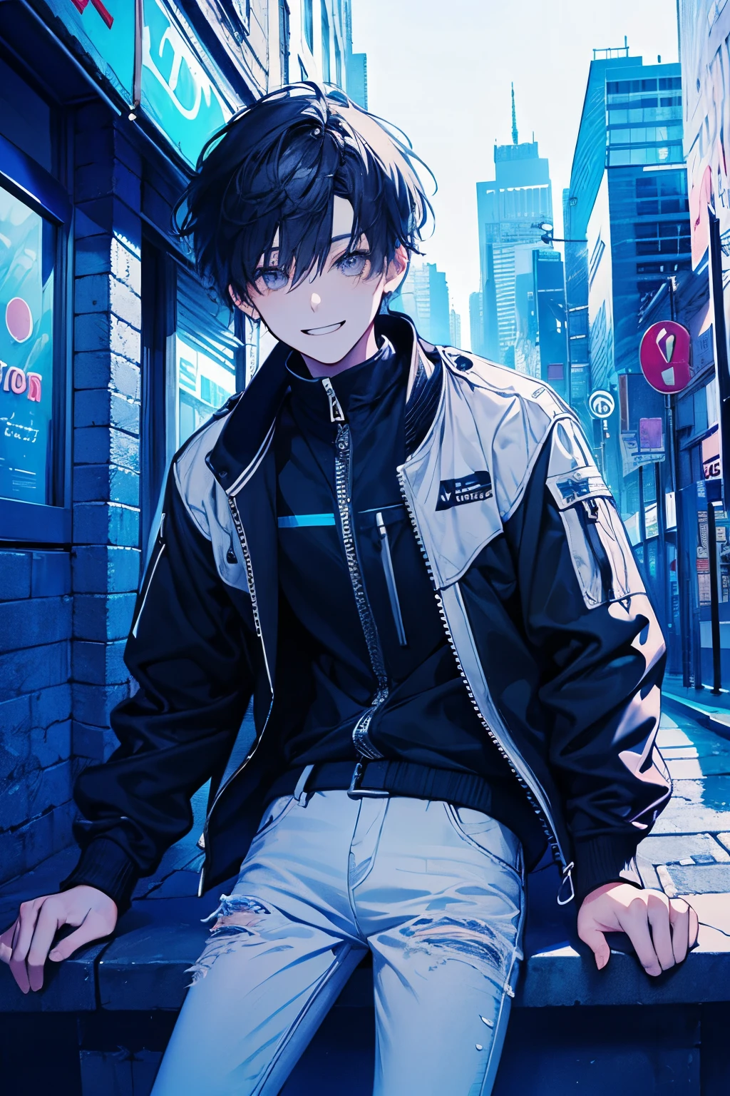 High quality, amount of drawing, pixiv illustration, PVC Jacket, aurora jacket, Beautiful young man, Black hair, Short hair, aurora fabric, hologram article,aurora seat jacket, White undershirt, light gray jeans, Decisive Pose, White background, A refreshing smile,((outdoor,city:1.3)).