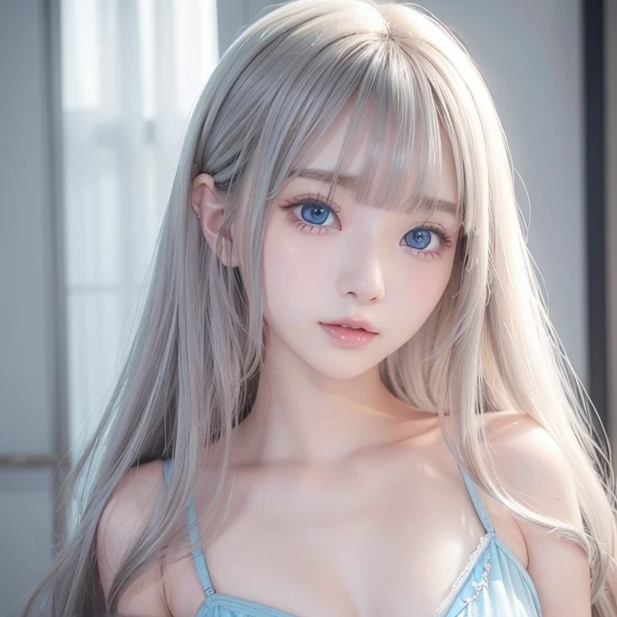 silver shiny hair、Super long straight silky hair、Dazzling blonde super long silky hair、16 years old cute little beautiful face、A beautiful girl、Sparkling blonde dancing in front of a pretty face、Long, silky bangs that cover the space between the eyes、Very beautiful, bright, large, light blue eyes、Very big eyes、Hair that hides the face、Sexy pretty young woman with super long bangs、Very white skin、Cheek gloss highlighter、Small Face Beauty、Round face、Ample Bust, embarrassed face、underwear、