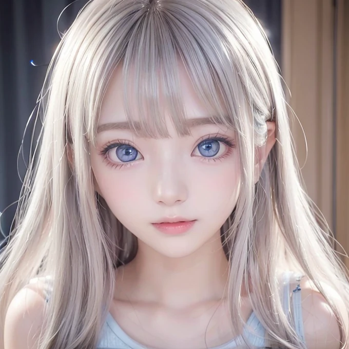 silver shiny hair、Super long straight silky hair、Dazzling blonde super long silky hair、16 years old cute little beautiful face、A beautiful girl、Sparkling blonde dancing in front of a pretty face、Long, silky bangs that cover the space between the eyes、Very beautiful, bright, large, light blue eyes、Very big eyes、Hair that hides the face、Sexy pretty young woman with super long bangs、Very white skin、Cheek gloss highlighter、Small Face Beauty、Round face、Ample Bust, embarrassed face、underwear、
