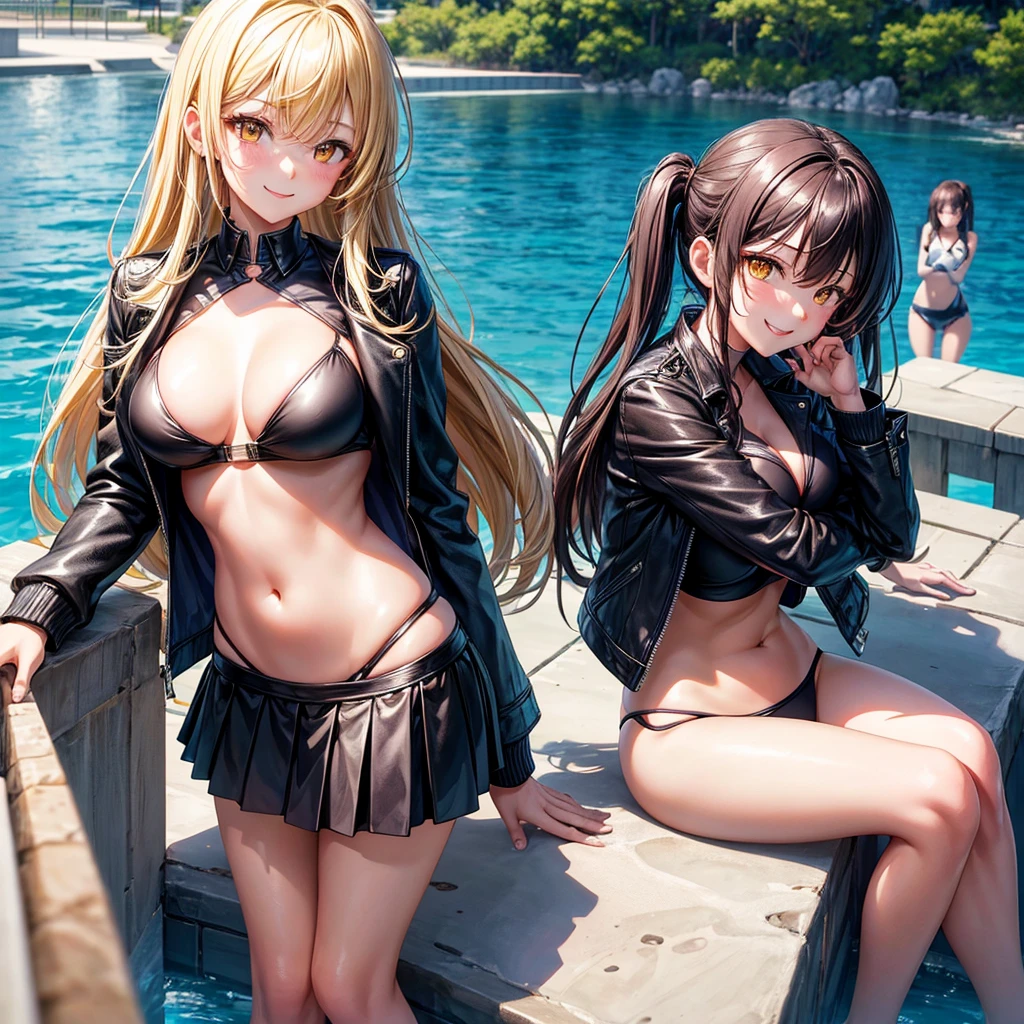 best quality，，smile，blazer，middle School girls，leather jacket，beautiful girl,swimsuit,比基尼,multiple girls are depicted，harem，idol group，photo shoot，long hair，highest quality，big breasts，happy girl,horny girl，yellow eyes，Pool，Beautiful Girl Country，Beautiful Girl&#39;s Paradise，fur jacket，Perfectly portrayed，perfect face，standing position,girls hugging each other，letting down one&#39;s Bangs，beautiful eyes,Ocean,girls hugging each other,smooth hair，Angel Girl，multicolored hair colors，naughty girl，beautiful girl，beautiful girl，loose socks