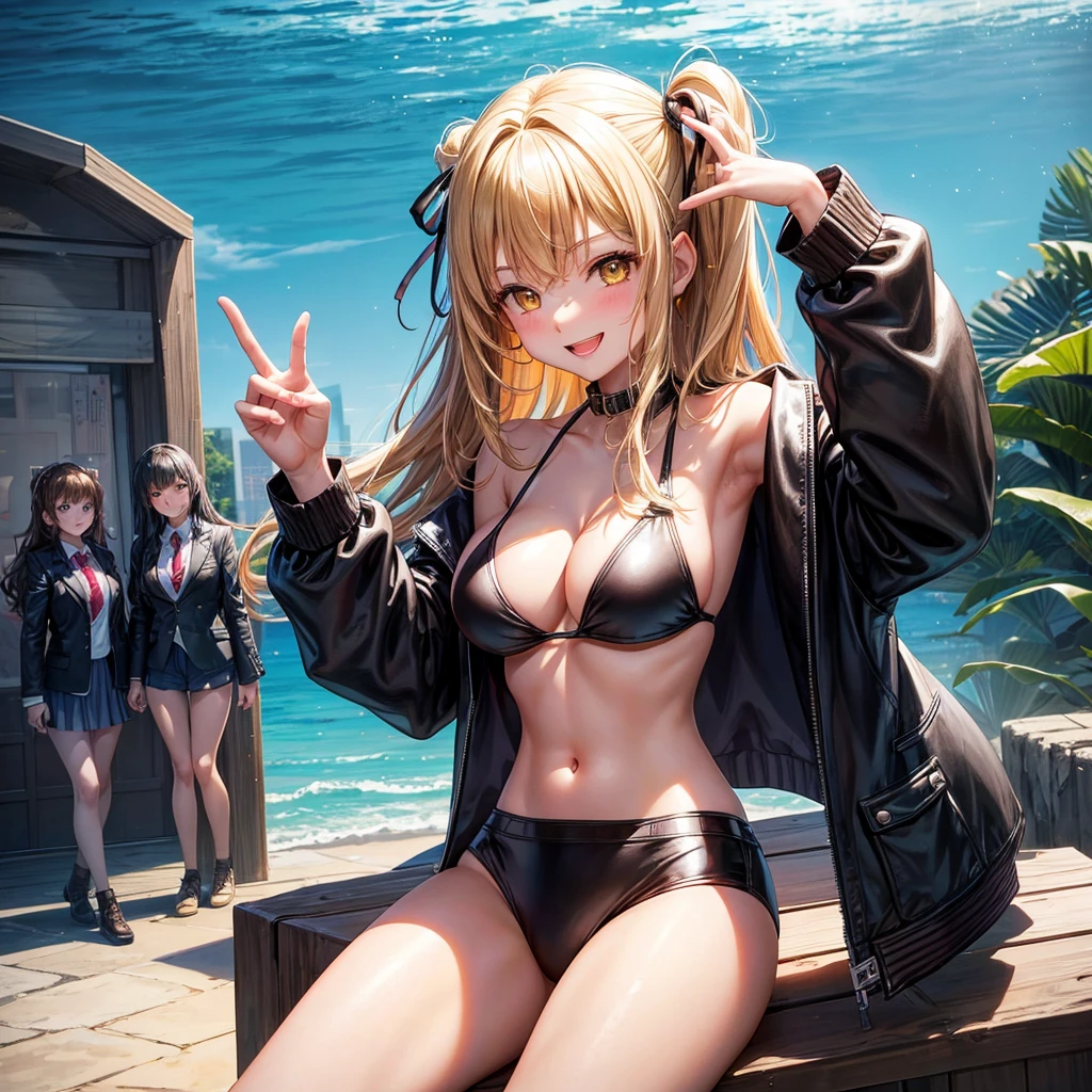 best quality，，smile，blazer，middle School girls，leather jacket，beautiful girl,swimsuit,比基尼,multiple girls are depicted，harem，idol group，photo shoot，long hair，highest quality，big breasts，happy girl,horny girl，yellow eyes，Pool，Beautiful Girl Country，Beautiful Girl&#39;s Paradise，fur jacket，Perfectly portrayed，perfect face，standing position,girls hugging each other，letting down one&#39;s Bangs，beautiful eyes,Ocean,girls hugging each other,smooth hair，Angel Girl，multicolored hair colors，naughty girl，beautiful girl，beautiful girl，loose socks