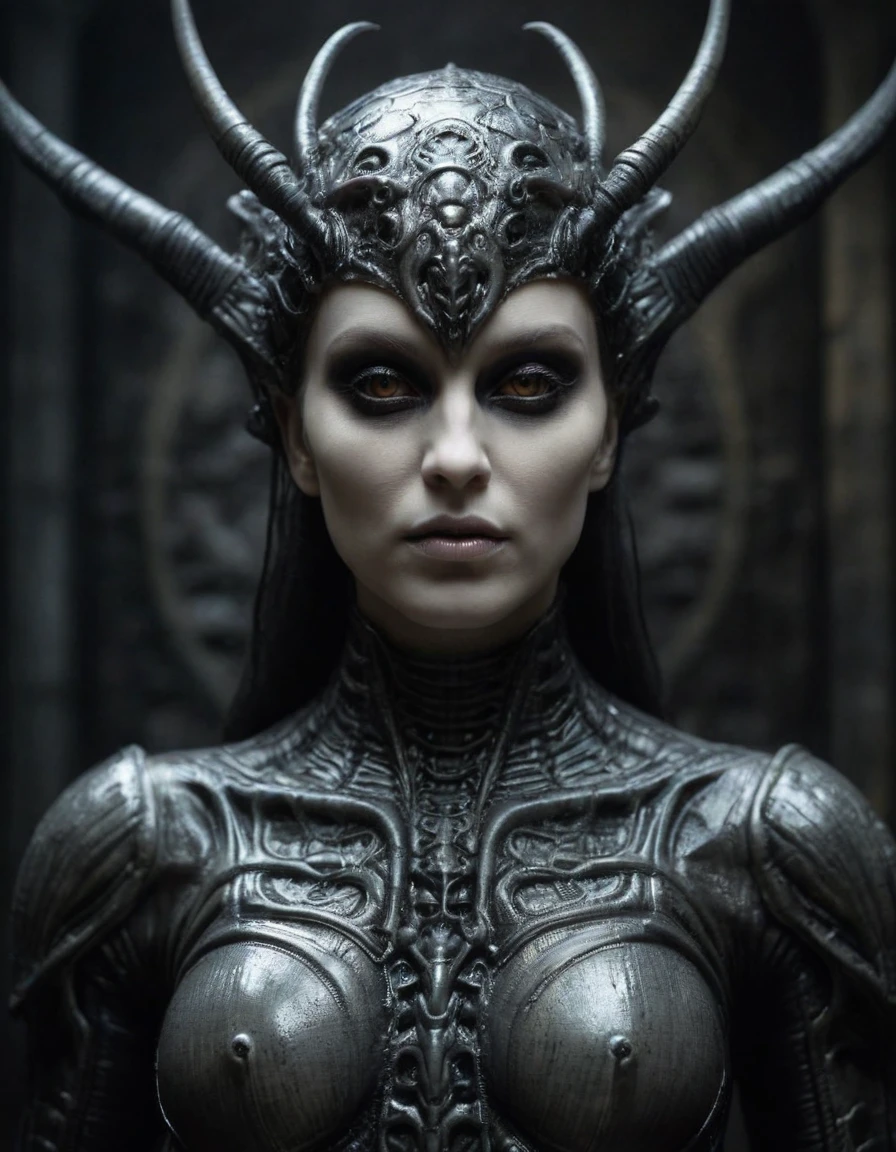(full body shot), a bad-ass but beautiful human insect hybrid hivequeen, (mostly human face, black eyes), insectwings, Dark art in the style of Nicola Samori, sfw, HR Giger, fantastical detailed background, hyperrealistic, extremely detailed