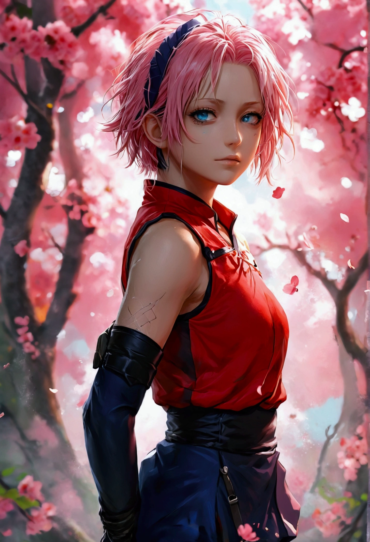 ((Best Quality)), ((Masterpiece)), (detailed), sakura Haruno y Satoru gojo están a punto de besarse. sakura, with her characteristic short pink hair, He wears his Konoha ninja uniform.: a red sleeveless blouse, black gloves, and navy blue shorts. His green eyes are half-closed, full of sweetness and surprise.
Satoru gojo, He is dressed in his usual black Jujutsu Kaisen outfit., consisting of a jacket and tight pants. His bandages are down, revealing her bright blue eyes. His white hair is slightly disheveled..