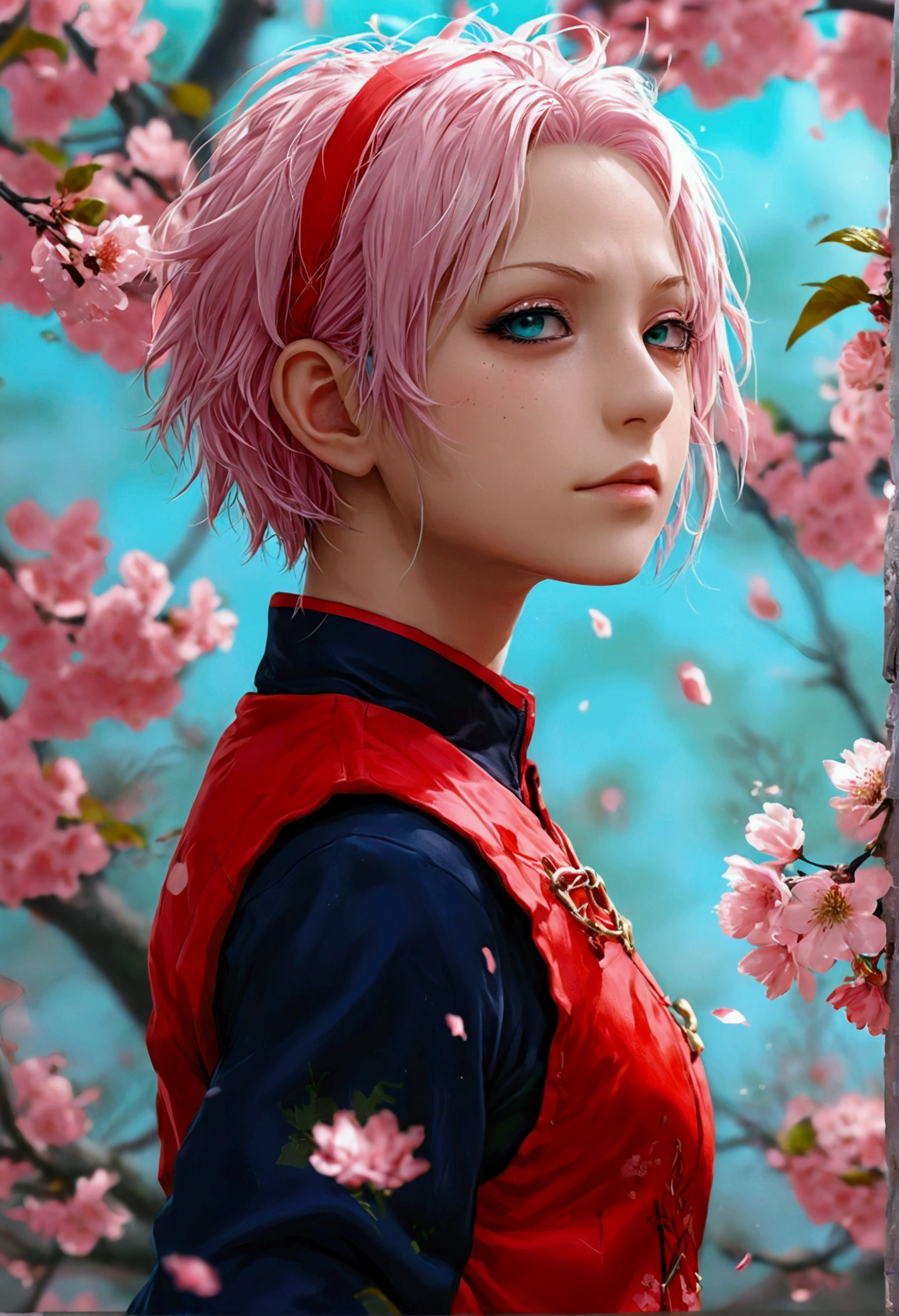 ((Best Quality)), ((Masterpiece)), (detailed), sakura Haruno y Satoru gojo están a punto de besarse. sakura, with her characteristic short pink hair, He wears his Konoha ninja uniform.: a red sleeveless blouse, black gloves, and navy blue shorts. His green eyes are half-closed, full of sweetness and surprise. 

Satoru gojo, He is dressed in his usual black Jujutsu Kaisen outfit., consisting of a jacket and tight pants. His bandages are down, revealing her bright blue eyes. His white hair is slightly disheveled..

