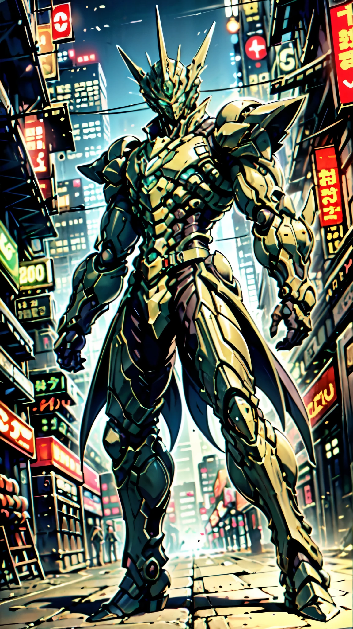 (masterpiece:1.5, best quality:1.5, extremely delicate:1.5, foreshortening:1.5, dynamic angle:1.5), a man wearing a full-face helmet, a fantasy-style biotech armored combat suit, green eyes, (a composite layered chest armor), fully enclosed shoulder guards, matching arm and leg guards, the belt is adorned with neon circuitry, (the color scheme is primarily black glow with green and red accents), the design balances heavy with agility, a high-tech bio-mecha armor, (Armor Concept Inspired by neon Cyberpunk, stand on the top of a skyscraper in a futuristic sci-fi city), this character embodies a finely crafted fantasy-surreal style armored hero in anime style, exquisite and mature manga art style, (element, plasma, energy, the armor glows), ((male:1.5)), metallic, high definition, highres, ultra-detailed, ultra-fine painting, professional, perfect body proportions, golden ratio, anatomically correct, symmetrical face, extremely detailed eyes and face, high quality eyes, creativity, RAW photo, UHD, 32k, Natural light, cinematic lighting, masterpiece-anatomy-perfect