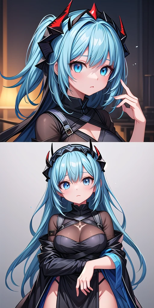 a woman in a Black and blue outfit with a large black headpiece, From Arknights, Popular on artstation pixiv, Attractive anime girl, Extremely detailed Artgerm, Devil anime girl, Popular on cgstation, Perfect girl, Black and blue, Top rated on Pixiv, Anime Character Art, Azur route style, Digital Art on pixiv