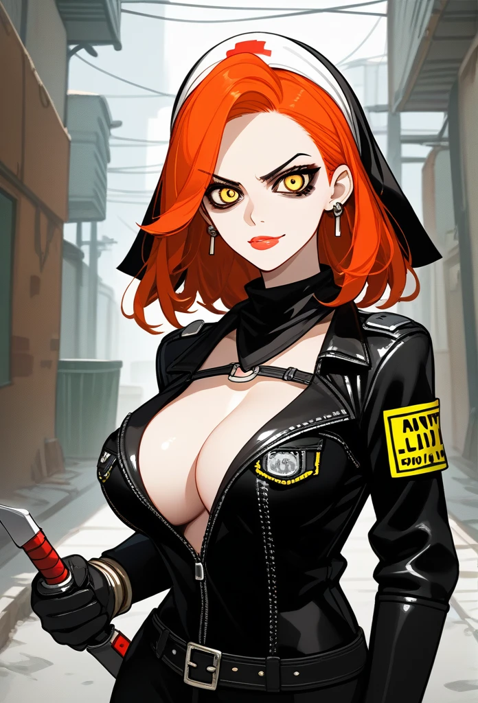 masterpiece, best quality, mature woman, mature face, trimmed hairstyle, red hair, mature face, hot face, glossy lips, gobby lips, sharp eyes, big breasts, voluptuous body, golden eyes, (bandit outfit, bandit bandana), looking at viewer, tough appearance, alley, (looking serious), lunatic face, lunatic smile, (glaring eyes, piercing eyes), lunatic expression, (holding dagger)