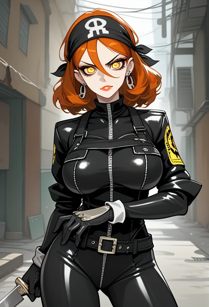 masterpiece, best quality, mature woman, mature face, trimmed hairstyle, red hair, mature face, hot face, glossy lips, gobby lips, sharp eyes, big breasts, voluptuous body, golden eyes, (bandit outfit, bandit bandana), looking at viewer, tough appearance, alley, (looking serious), lunatic face, lunatic smile, (glaring eyes, piercing eyes), lunatic expression, (holding dagger) 