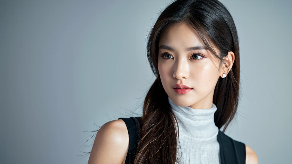(Detailed face),(vivid),(Silver)Turtleneck sleeveless lightweight dress,4K,Ultra-high resolution,(Photorealistic:1.7),White Background,Black long hair,