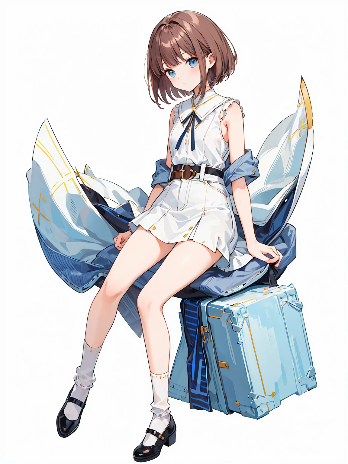 Full body ,ท่ายืน,(เหมือนจริง:1.37)、Photorealsitic, Bright indoor, Soft light, Low contrast, Shallow depth of field, Beautiful adult woman illuminated by gentle light, short length bangs, hair color is a dark chestnut shade with a slight brown tone, hair with a subtle and gentle wave, Short bob hair, (White blouses), (Denim miniskirt), (Silk White Socks), (pumps), (Full body:1.5), Blank white background, (white background), Transparent background, looking down, ((masterpiece, illustration, best quality)) 