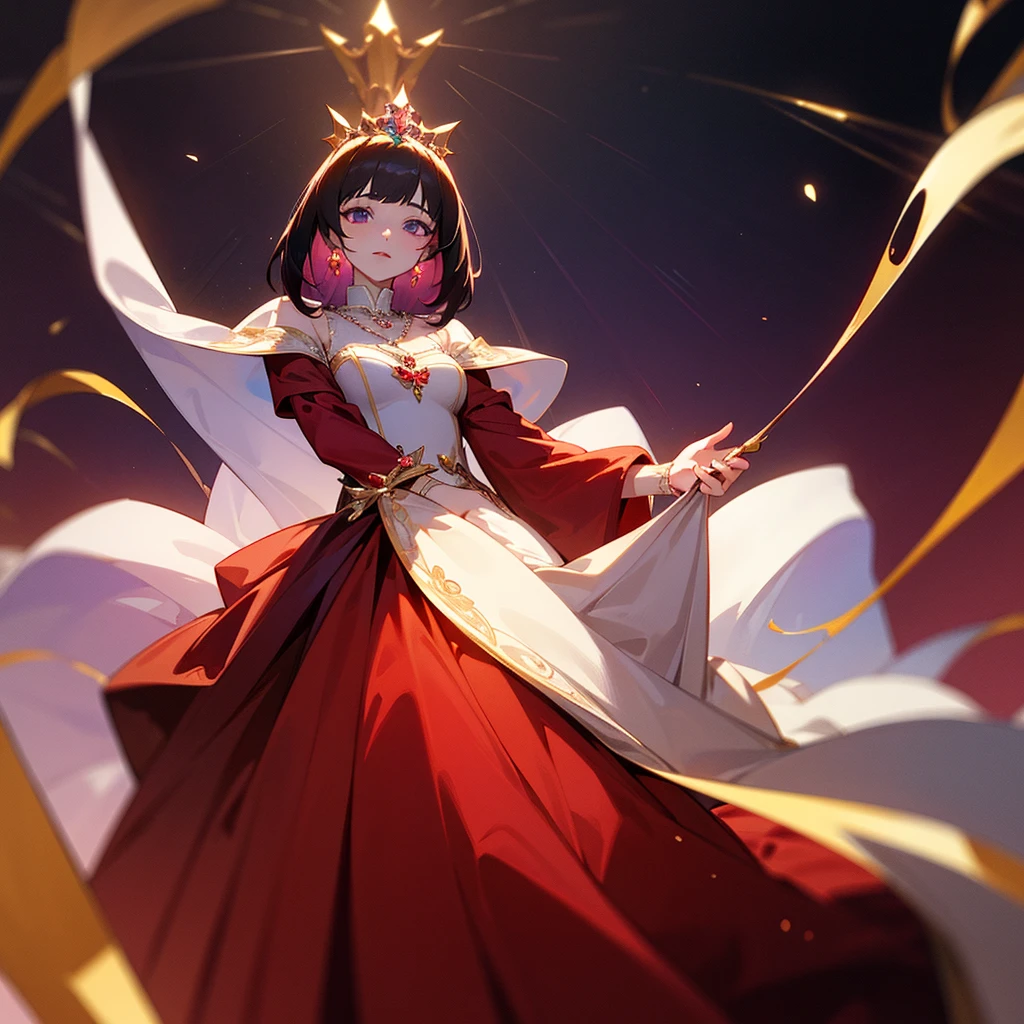 high resolution、A mature and elegant princess。The princess of the jewel kingdom is the princess of Garnet Kingdom.、tiara with garnet、Gorgeous garnet necklace、She wears a richly decorated red and purple dress。like medieval europe、Fantasy。The overall image is red and purple.。beautiful。