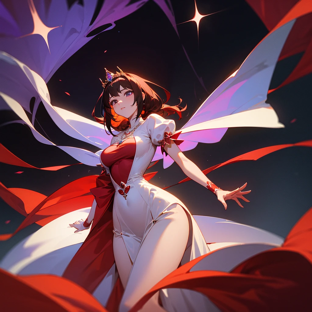 high resolution、A mature and elegant princess。The princess of the jewel kingdom is the princess of Garnet Kingdom.、tiara with garnet、Gorgeous garnet necklace、She wears a richly decorated red and purple dress。like medieval europe、Fantasy。The overall image is red and purple.。beautiful。