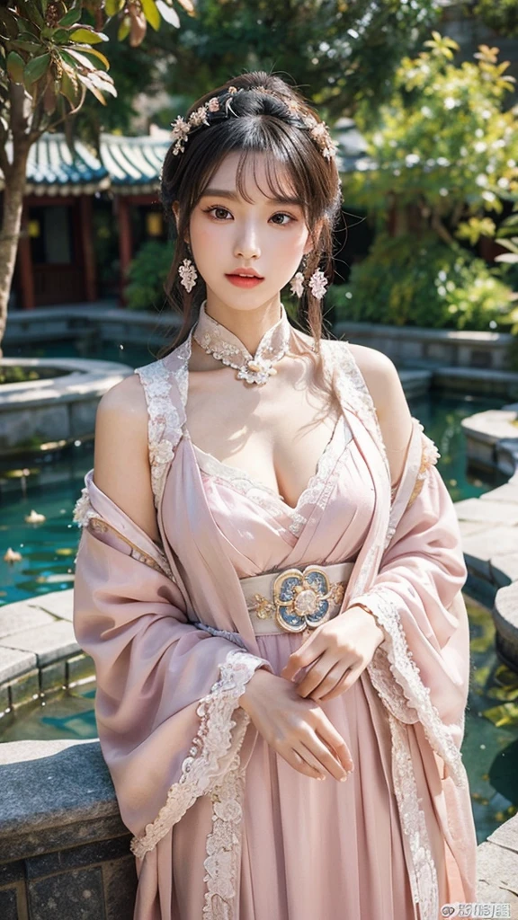 zPDXLrl, zPDXLxxx, score_9, score_8_up, score_7_up, source_photo, realistic, nsfw, ruanyi0758, A beautiful young woman wearing a pink hanfu with a very low neckline and ample cleavage, showcasing the elegance of the dress. The hanfu features see-through elements, a shawl, and wide sleeves. She has a larger bust size to accentuate the beauty of the hanfu. The woman is adorned with traditional Chinese jewelry and has an elaborate hairstyle with ornate accessories. Her makeup is subtle yet enhancing. She poses gracefully in a traditional Chinese courtyard garden, surrounded by rockery, a small pond with lotus flowers, and ornamental trees. The backdrop exudes a serene and refined atmosphere.