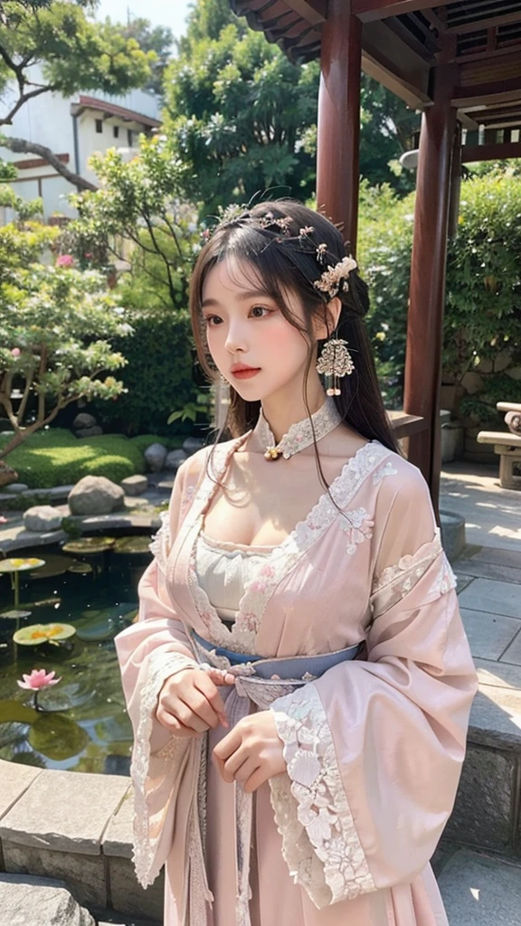 zPDXLrl, zPDXLxxx, score_9, score_8_up, score_7_up, source_photo, realistic, nsfw, ruanyi0758, A beautiful young woman wearing a pink hanfu with a very low neckline and ample cleavage, showcasing the elegance of the dress. The hanfu features see-through elements, a shawl, and wide sleeves. She has a larger bust size to accentuate the beauty of the hanfu. The woman is adorned with traditional Chinese jewelry and has an elaborate hairstyle with ornate accessories. Her makeup is subtle yet enhancing. She poses gracefully in a traditional Chinese courtyard garden, surrounded by rockery, a small pond with lotus flowers, and ornamental trees. The backdrop exudes a serene and refined atmosphere.