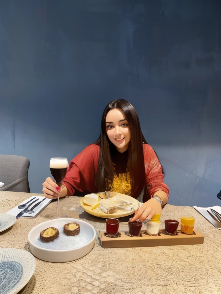 Beautiful girl sitting at the table, thick straight hair,Woman with dark hair, long clean hair, Realism,