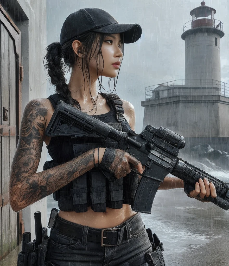 (Best quality, 8k, realistic, realistic photo: 1.2), realistic skin texture, handsome American Marine Corps-Asian Navy member, assault rifle, assault team, lighthouse on a cliff overlooking the bay, break in, hat, braided hair, military pants, boots, dynamic pose, tattoo, epic tattoo, soaked with heavy rain, rain shower, face, firm body, muscle, anger, brave composition, portrait, cool tone, amazing light