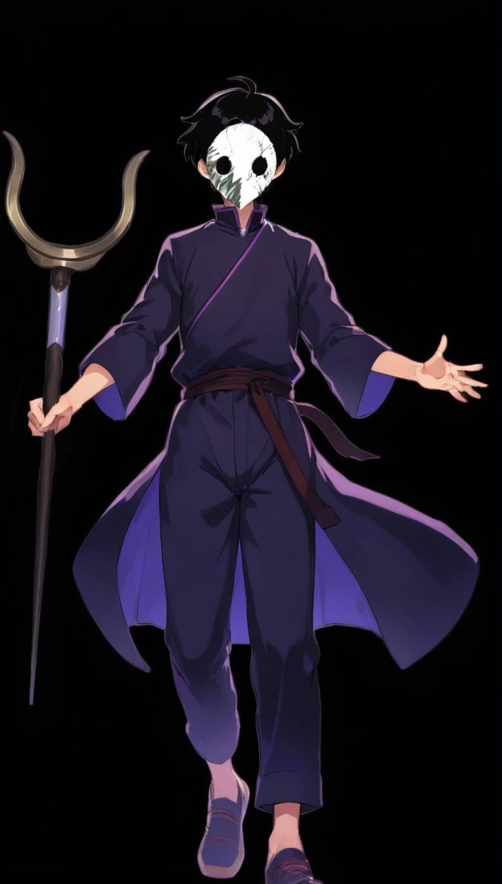 A boy wearing a white mask and holding a staff.